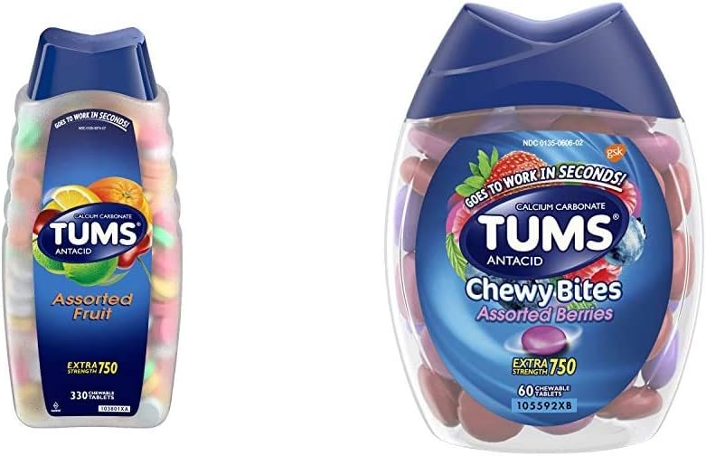 TUMS Antacid Chewable Tablets for Heartburn Relief 330ct Extra Strength Assorted Fruit and TUMS Chewy Bites Assorted Berries Antacid Hard Shell Chews for Heartburn Relief 60 Count
