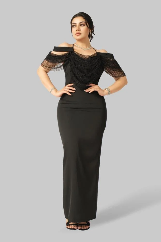 اوبرا فاشن فستان سهرة كريب أسود بكريستال سواروفسكي