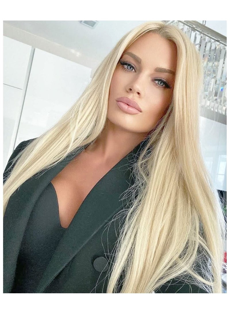 إستيل شعر مستعار أمامي من الدانتيل الأشقر الفاتح أنيق للنساء ، شعر مستعار صناعي طويل مموج 20 بوصة أشقر - Image 5