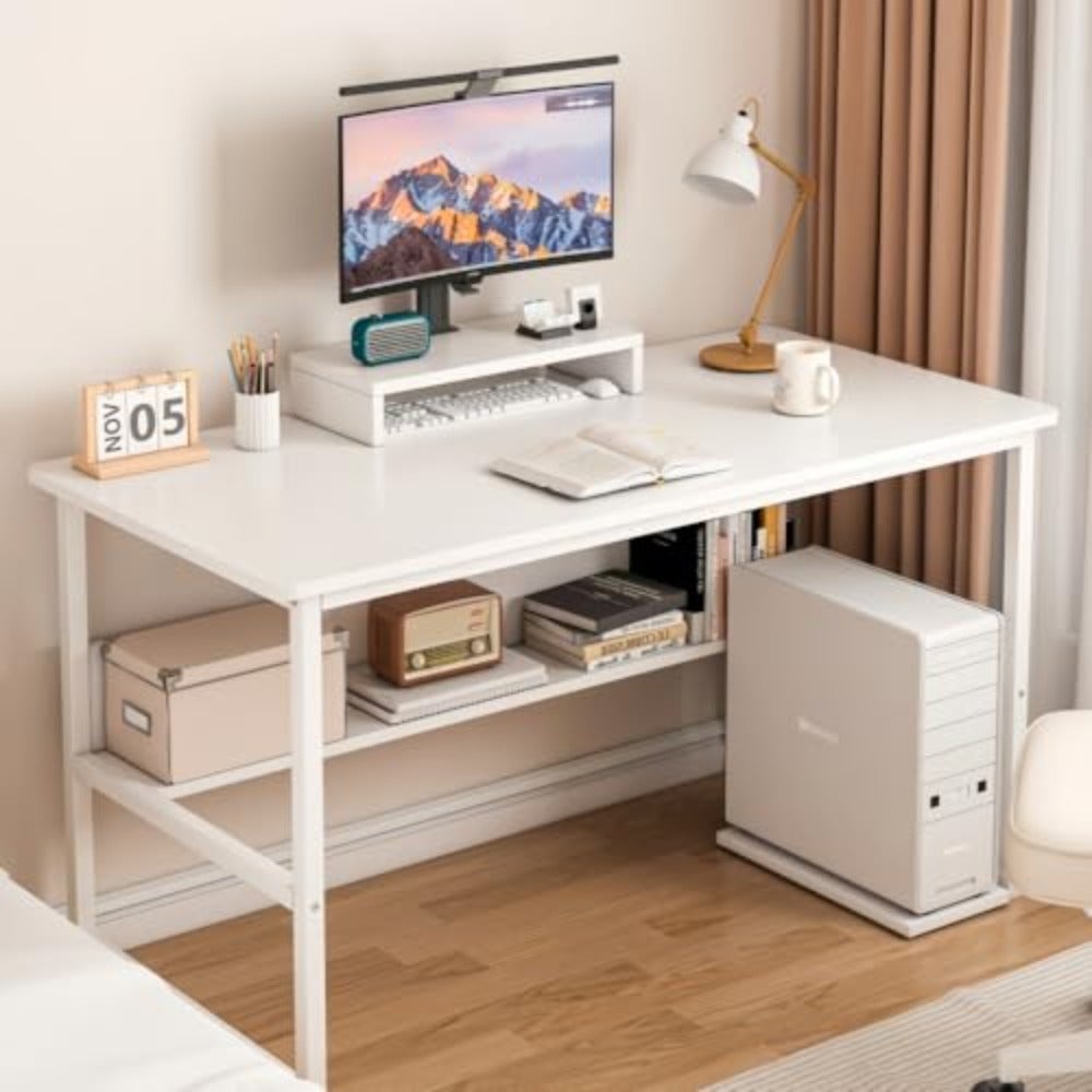 Study Desk with Stand Writing Desk Table Computer Table with Bookshelf Home Office Desk Workstation 120x60x75cm Engineered Wood White