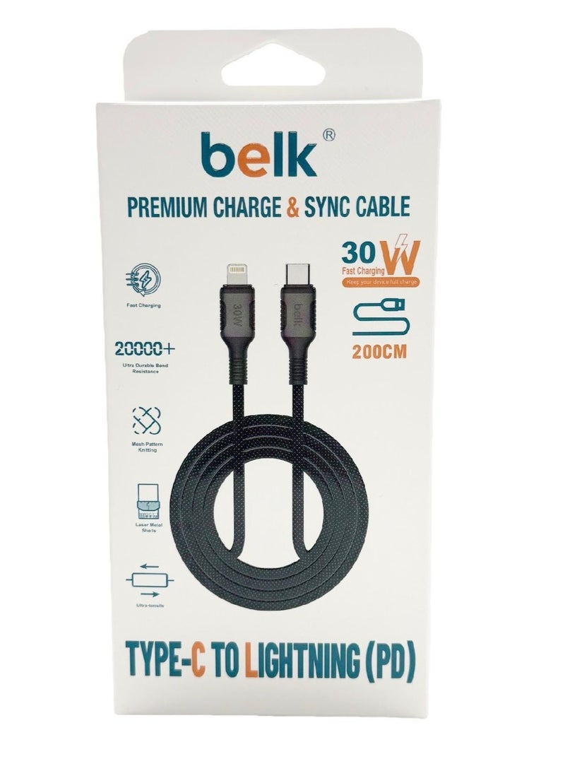 بيلك كابل شحن USB-C إلى Lightning بقوة 30 واط، 200 سم، أسود - Image 3