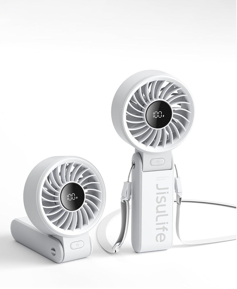 JISULIFE Handheld Fan Life7, Powerful Portable Fan with LED Display 13Hrs Max Cooling 3600mAh, 150° Folded 5 Speeds, Lanyard 3-IN-1 Hand Fan Desk Fan Neck Fan,Travel Essentials Gifts For Unisex Grey - Image 1