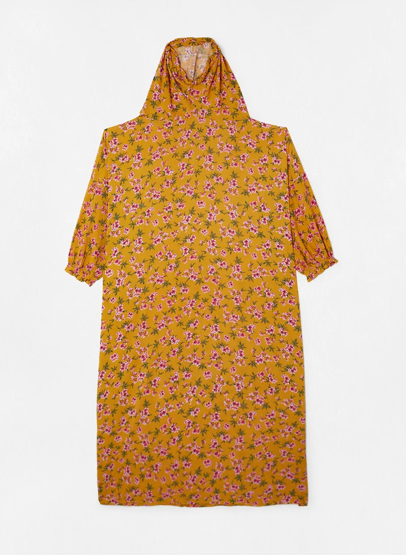 Hayat Praying Dress With Floral Prints And With Attached Veil