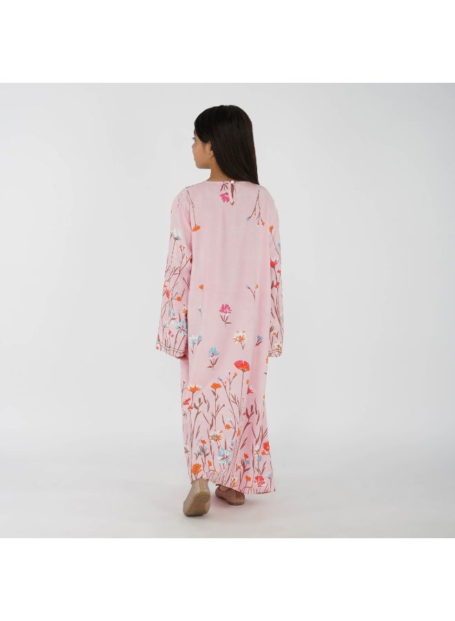 Linelle Floral Print Kids Jalabiya –  Maxi with V-Neck and Stone Embellishments - Image 2