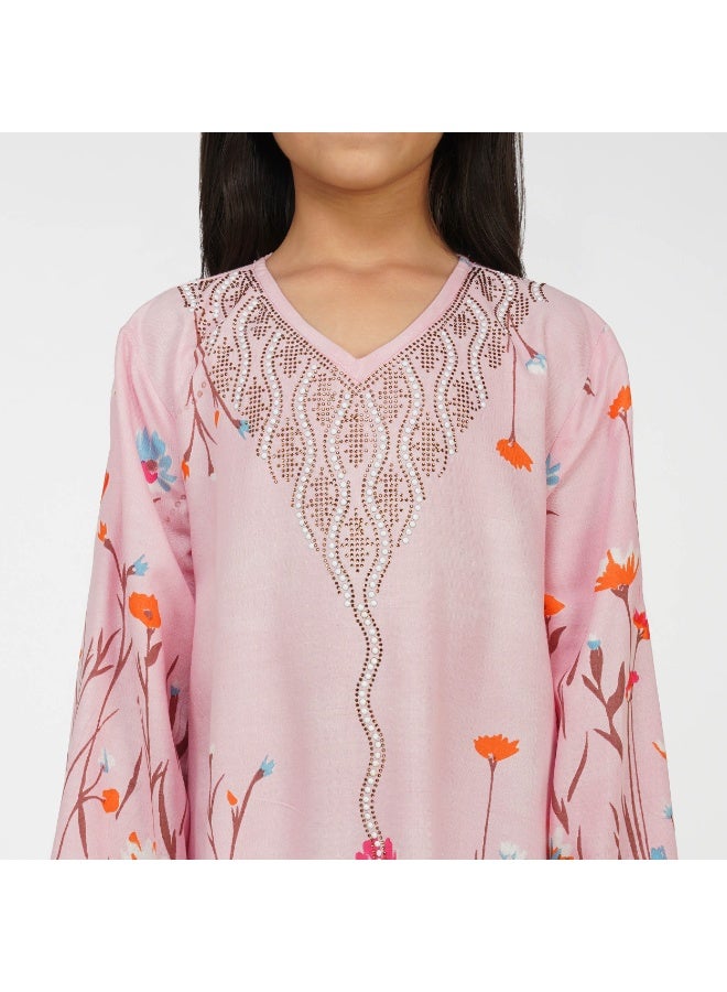 Linelle Floral Print Kids Jalabiya –  Maxi with V-Neck and Stone Embellishments - Image 5