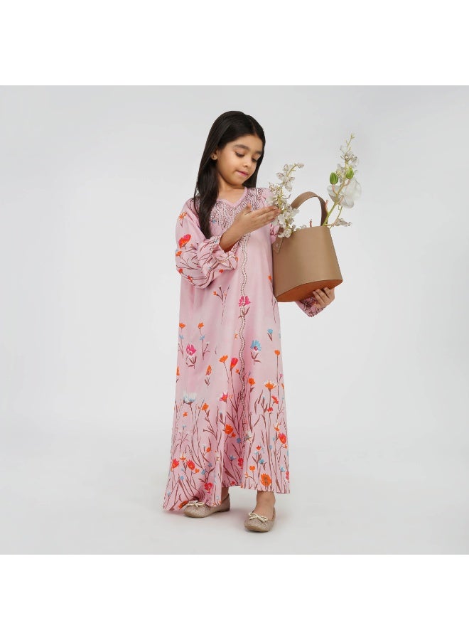Linelle Floral Print Kids Jalabiya –  Maxi with V-Neck and Stone Embellishments - Image 1