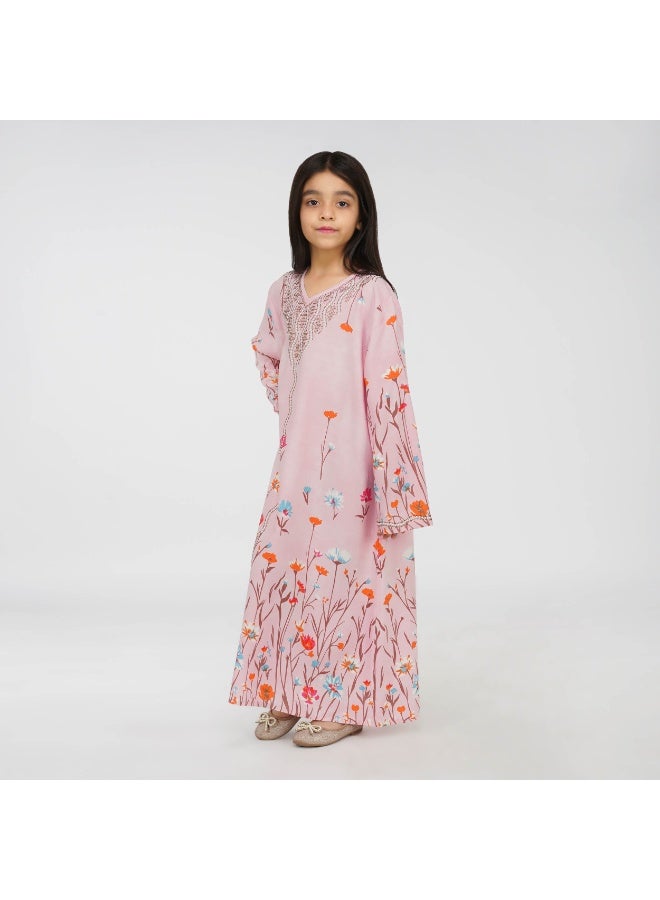 Linelle Floral Print Kids Jalabiya –  Maxi with V-Neck and Stone Embellishments - Image 4