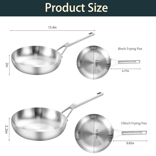 Yeksum Tri-Ply Stainless Steel Frying Pan Set, 8 Inch and 10Inch, Skillet set, Durable, Cooking Pan 8" 10", Induction Ready Egg Pan, Compatible with All Cooktops Up to 600℉ - Image 4