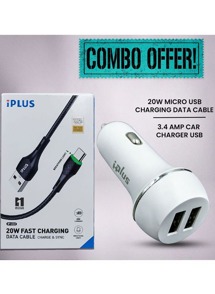 iplus Combo Offer-Buy Car Mobile Dual USB Fast Charger iPlus 3.4 Amp and iPlus  20W Micro USB Fast Charger Cable - Image 1