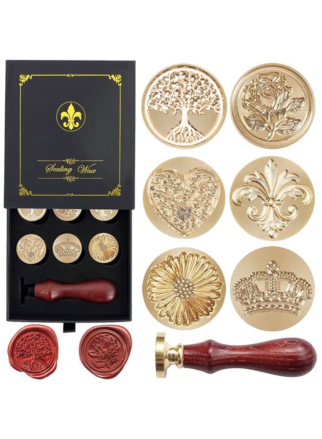 KKSUBCA Wax Seal Stamp Gift Box Set, 6 Pcs Sealing Wax Stamps Copper Seals 1 Wooden Hilt, Wax Stamp Kit for Cards Envelopes, Gift Packaging (Nostalgic Classic Series) - Image 1