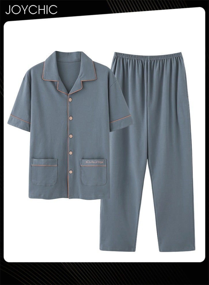 Joychic 2-piece Casual Spring Summer Autumn Men Pajamas Set Pure Cotton Short-sleeved Trousers Loose Youth Home Sleepwear Comfort Breathable Cardigan Suit Blue - Image 3