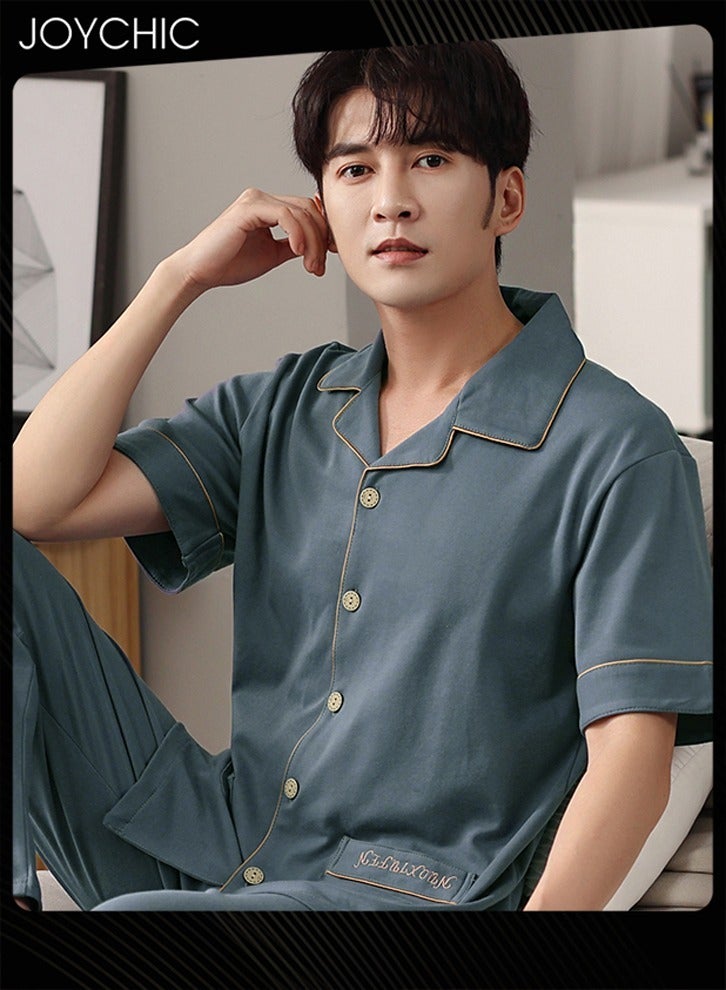 Joychic 2-piece Casual Spring Summer Autumn Men Pajamas Set Pure Cotton Short-sleeved Trousers Loose Youth Home Sleepwear Comfort Breathable Cardigan Suit Blue - Image 2