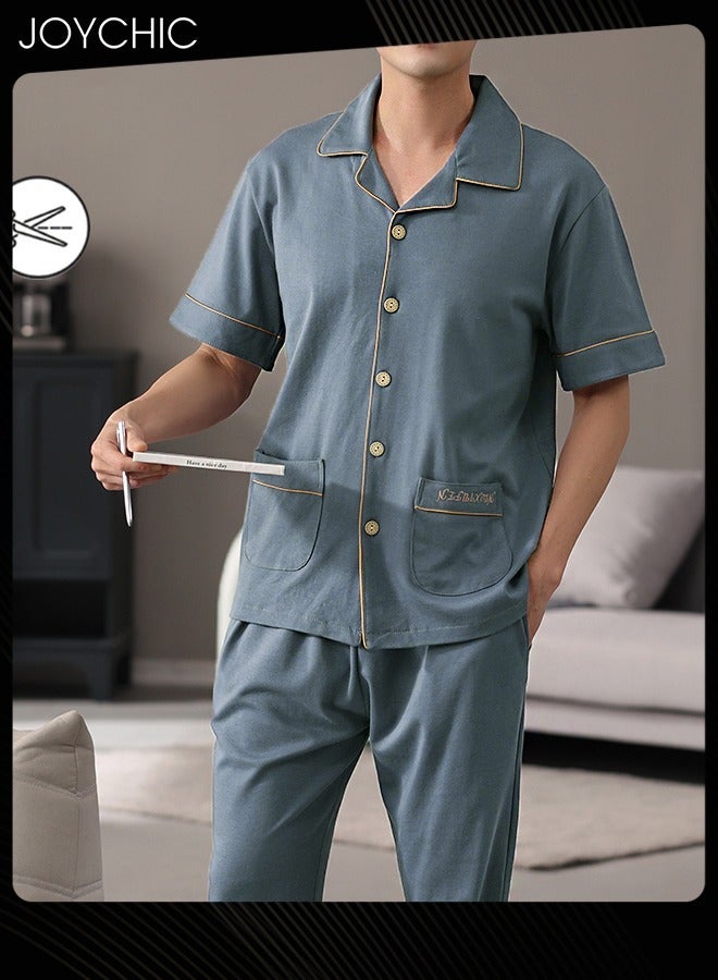 Joychic 2-piece Casual Spring Summer Autumn Men Pajamas Set Pure Cotton Short-sleeved Trousers Loose Youth Home Sleepwear Comfort Breathable Cardigan Suit Blue - Image 1