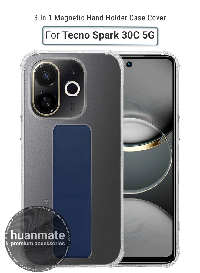 huanmate Tecno Spark 30C 5G Magnetic Case With Hand Grip Holder & Kickstand - Strong Grip for Magnetic Car Holder, Stylish & Functional, Ultimate Convenience & Hands-Free Viewing - Clear/Navy Blue - Image 1