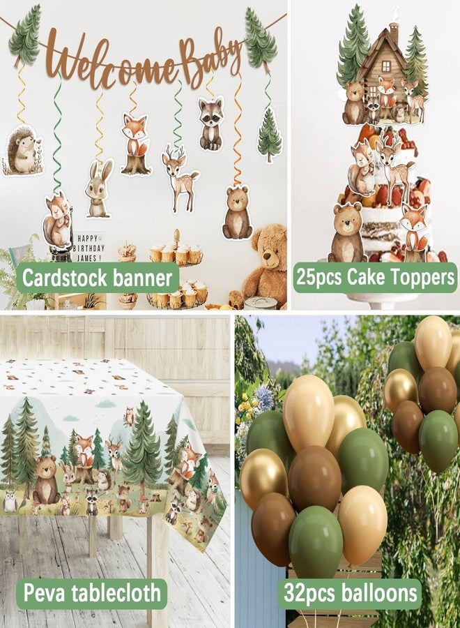 Caisehabu 184pcs Woodland Animals Baby Shower Plates Set, Woodland Baby Shower Plates Napkins Cups Forks Tablecloth Banner Hanging Swirls Cupcake Toppers Balloons, 25 Guests - Image 3