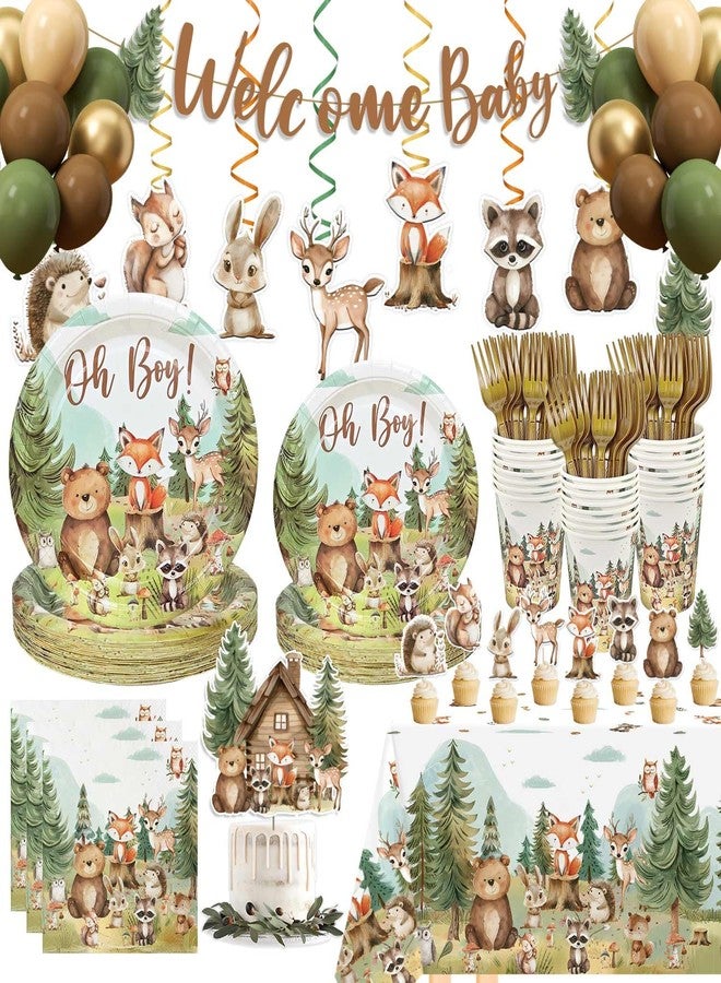 Caisehabu 184pcs Woodland Animals Baby Shower Plates Set, Woodland Baby Shower Plates Napkins Cups Forks Tablecloth Banner Hanging Swirls Cupcake Toppers Balloons, 25 Guests - Image 1