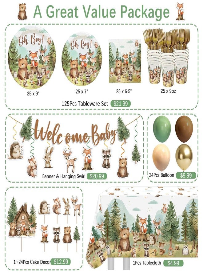 Caisehabu 184pcs Woodland Animals Baby Shower Plates Set, Woodland Baby Shower Plates Napkins Cups Forks Tablecloth Banner Hanging Swirls Cupcake Toppers Balloons, 25 Guests - Image 2
