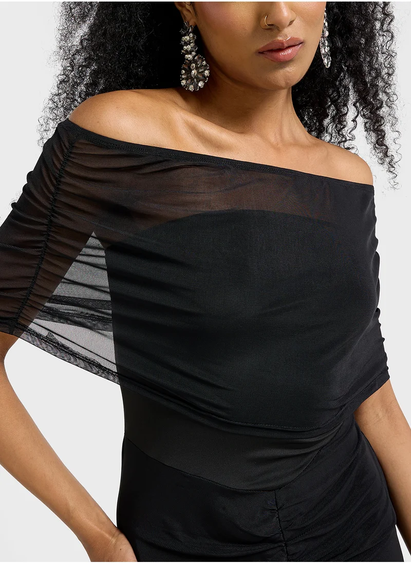 Ginger Off Shoulder Ruched Detail Sheer Maxi Dress