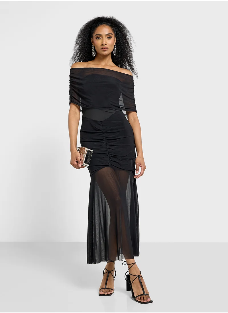Ginger Off Shoulder Ruched Detail Sheer Maxi Dress
