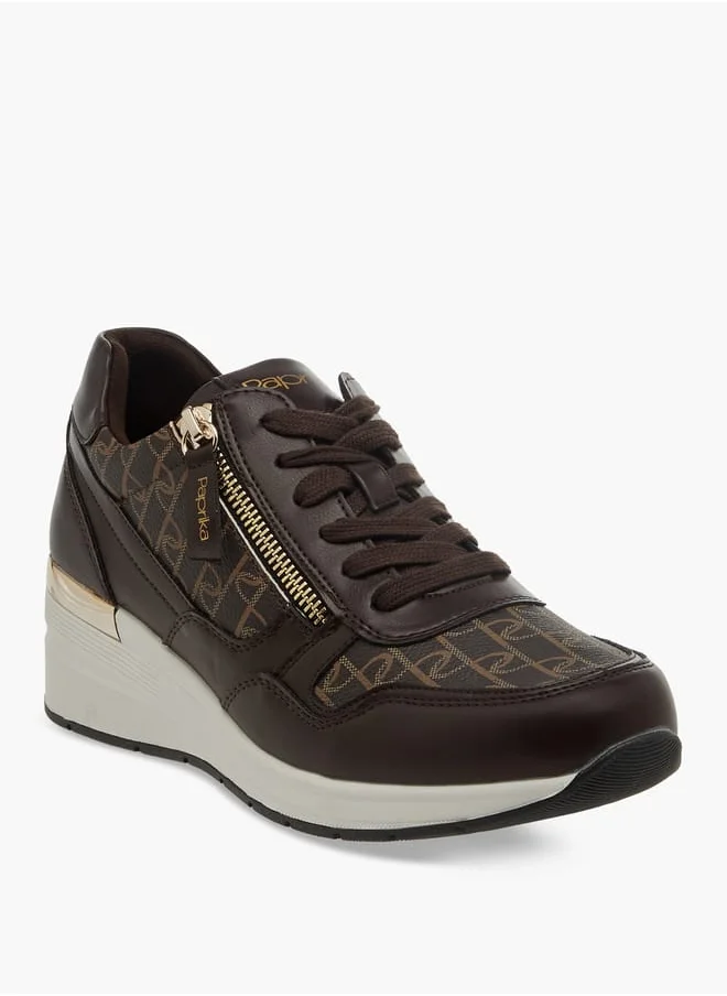 بابريكا Women's Monogram Print Sneakers with Lace-Up Closure