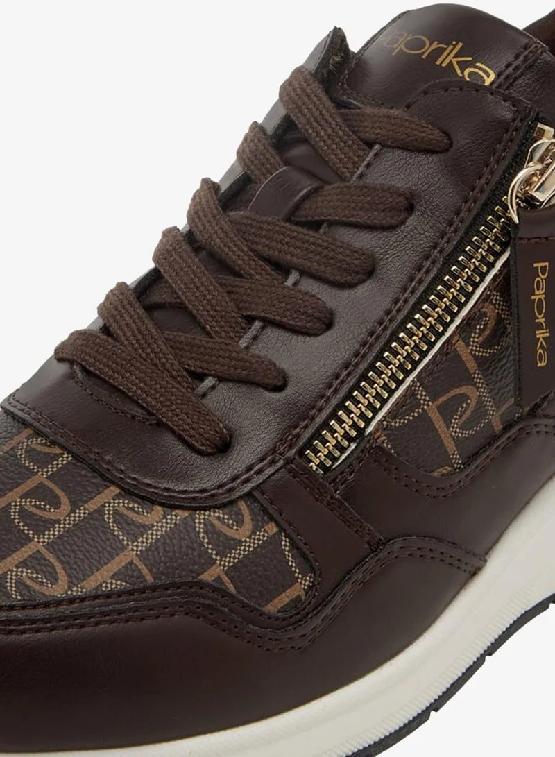 Paprika BROWN Women's Monogram Print Sneakers with Lace-Up Closure for Women | Best Price UAE