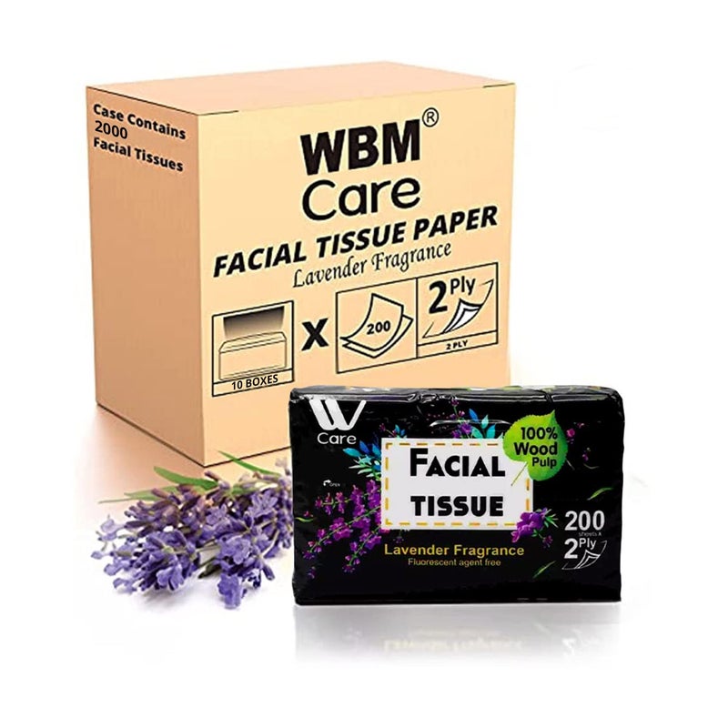 WBM Care Super Soft 2Ply Facial Tissues with Lavender Fragrance 2000 Total Pack of 10 200 Sheets per Box  100 Natural Wood Pulp - Image 1