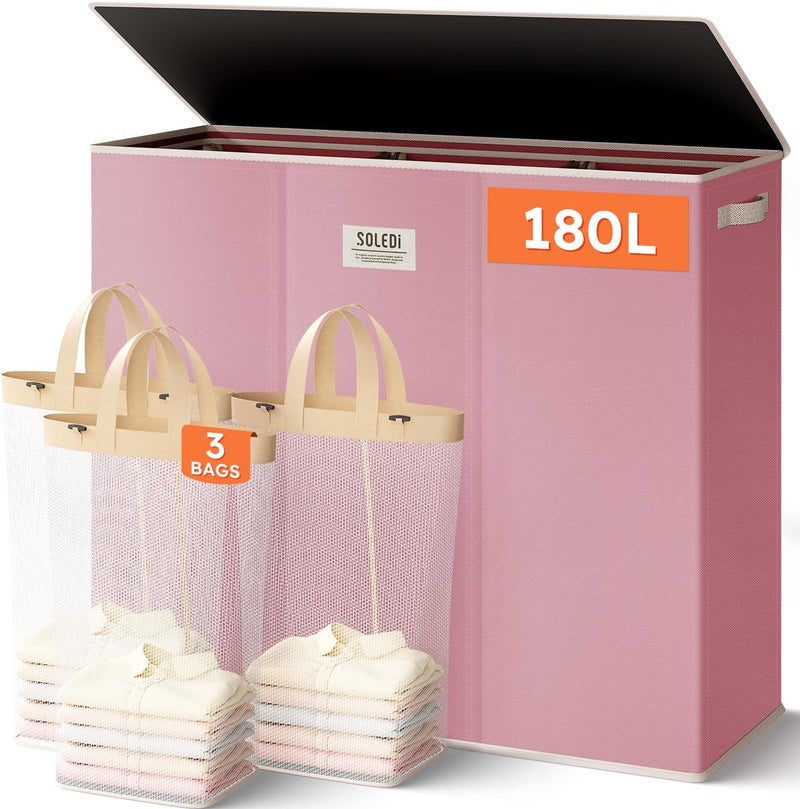 SOLEDI 180L 3-Section Laundry Hamper with Lid, Extra Large Dirty Clothes Basket with Sturdy Handles for Laundry Room & Bedroom - Durable Organizer for Sorting Laundry - Image 1