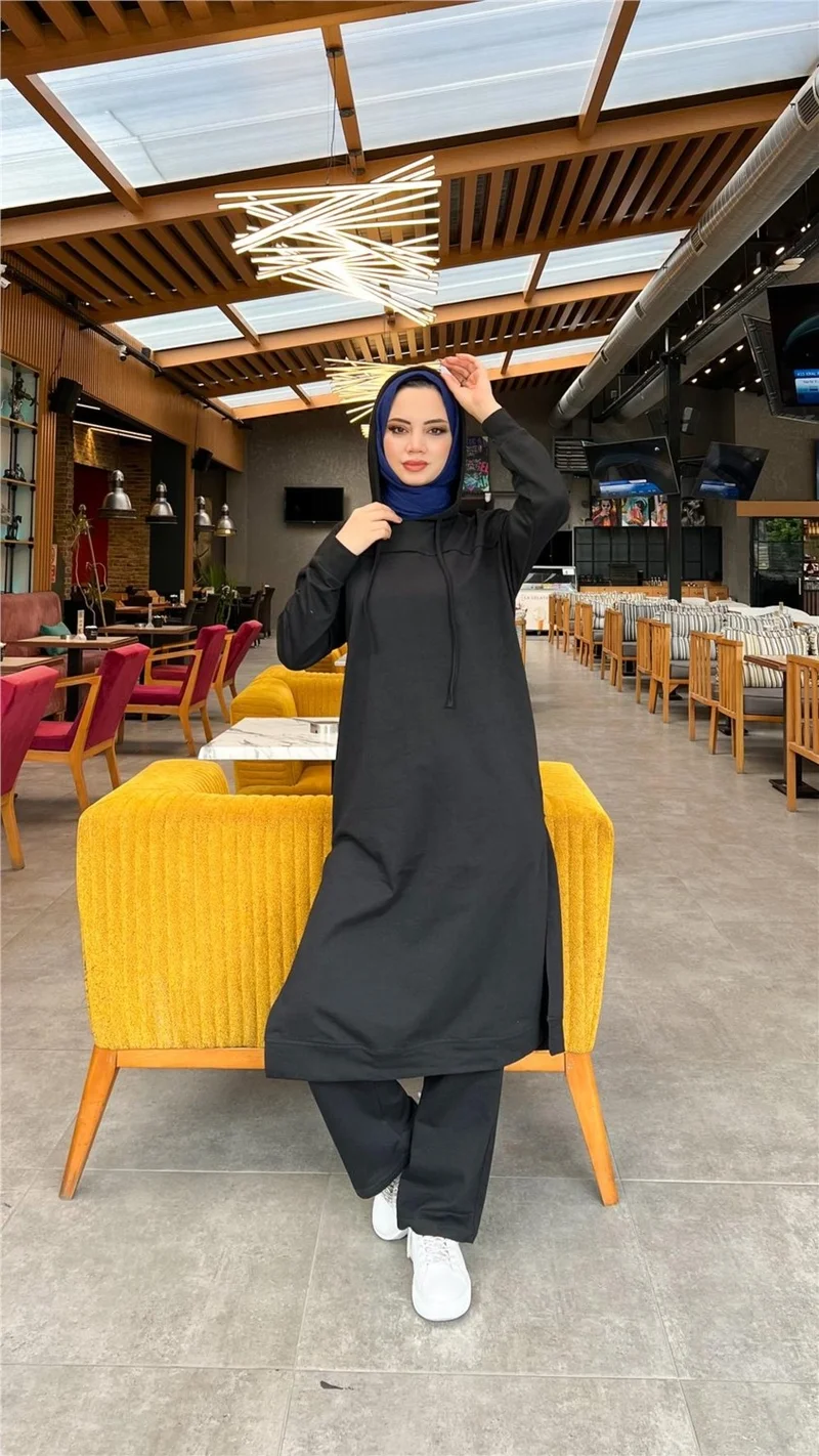 Bwest Long Tunic Hooded Side Slit Double Sports Suit - 3034 - Black