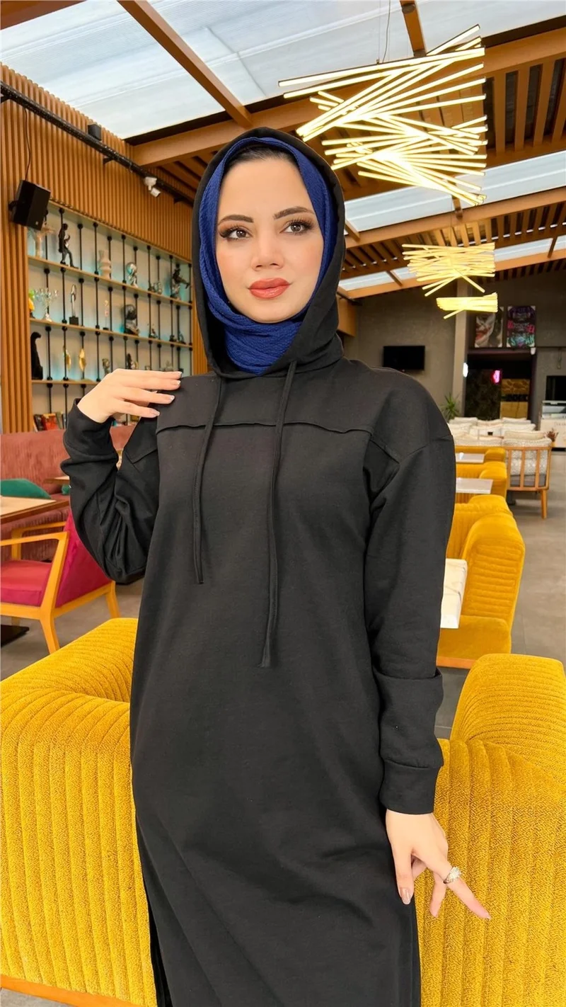 Bwest Long Tunic Hooded Side Slit Double Sports Suit - 3034 - Black