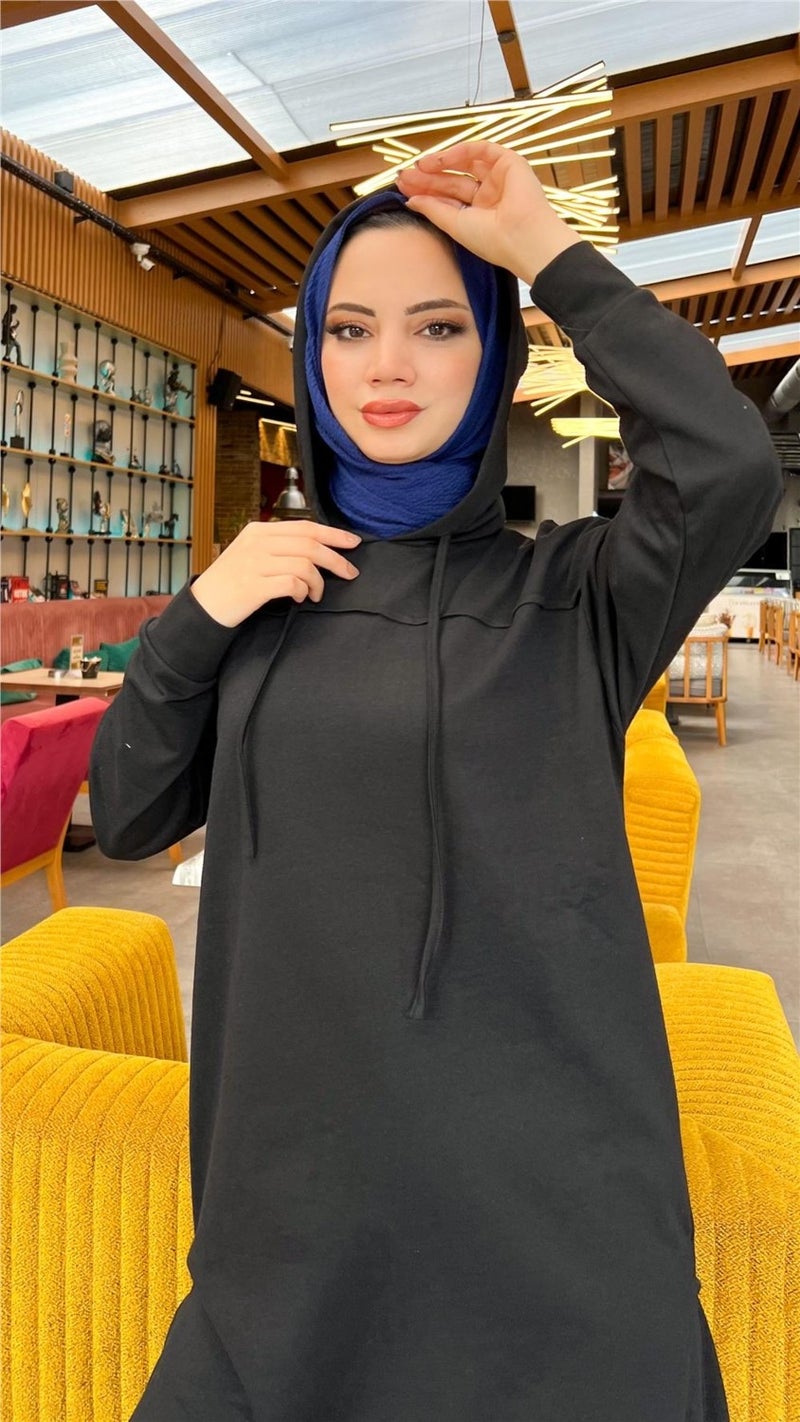Bwest Long Tunic Hooded Side Slit Double Sports Suit - 3034 - Black - Image 3