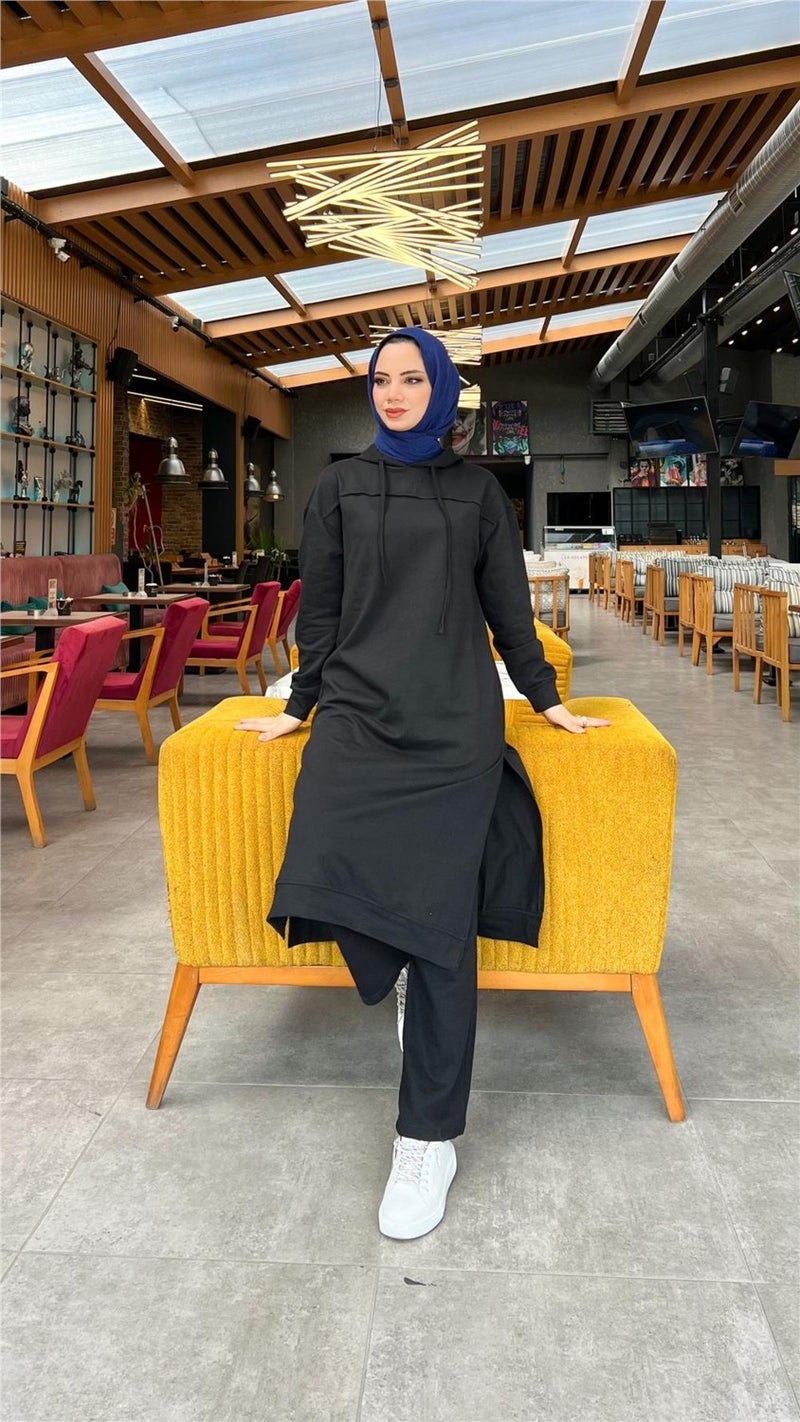 Bwest Long Tunic Hooded Side Slit Double Sports Suit - 3034 - Black - Image 5