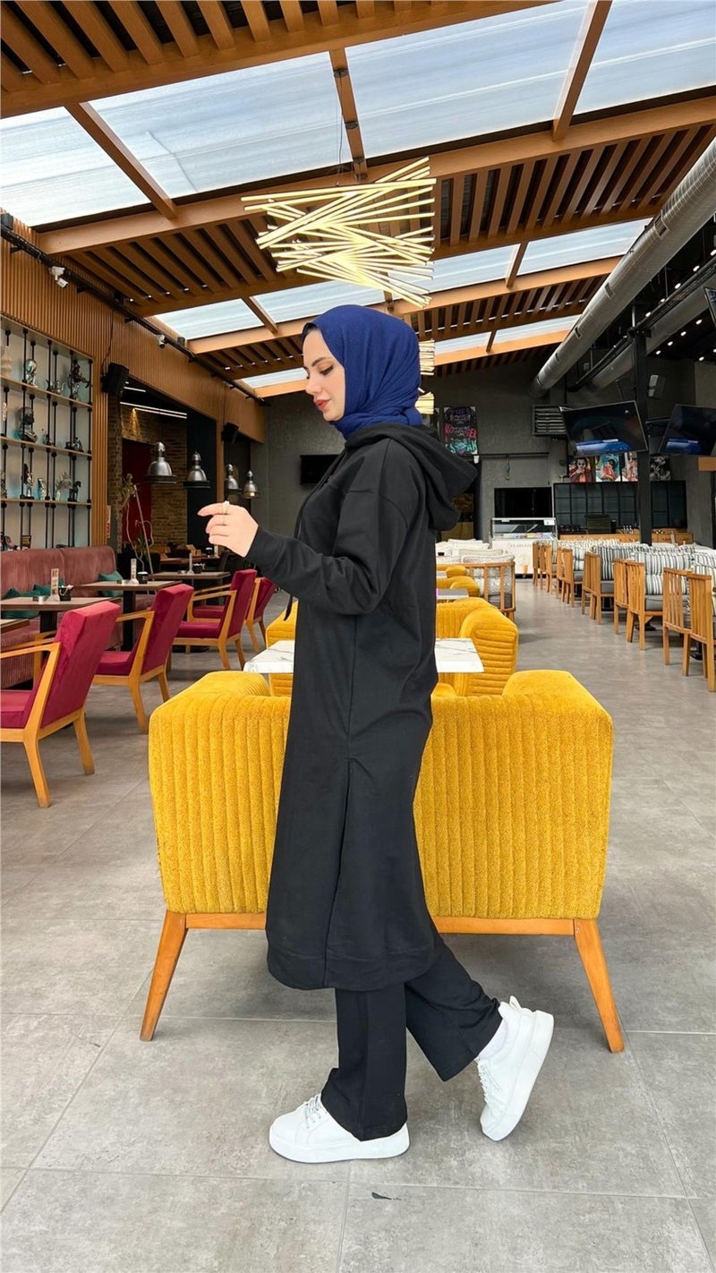 Bwest Long Tunic Hooded Side Slit Double Sports Suit - 3034 - Black - Image 4