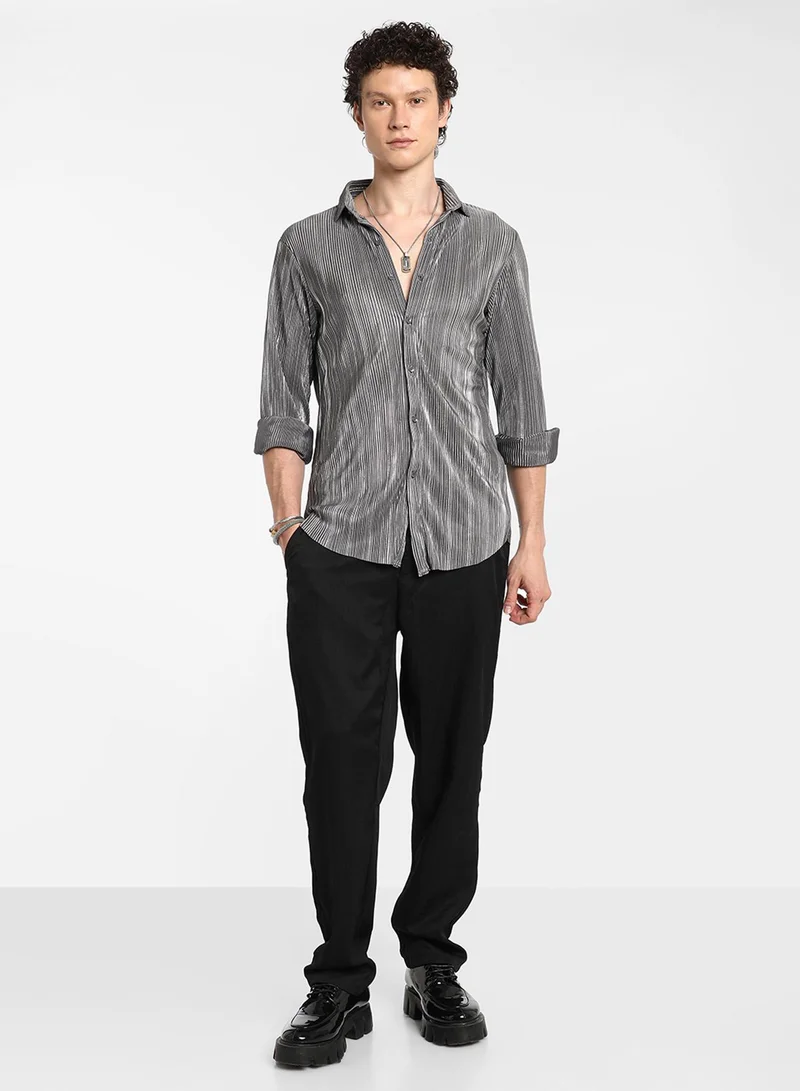 Campus Sutra Men's Icy Blue & Metallic Silver Pleat-Creased Shirt