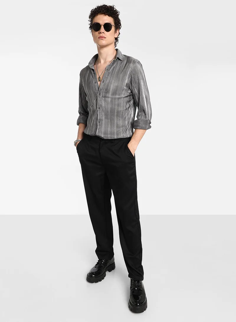 Campus Sutra Men's Icy Blue & Metallic Silver Pleat-Creased Shirt