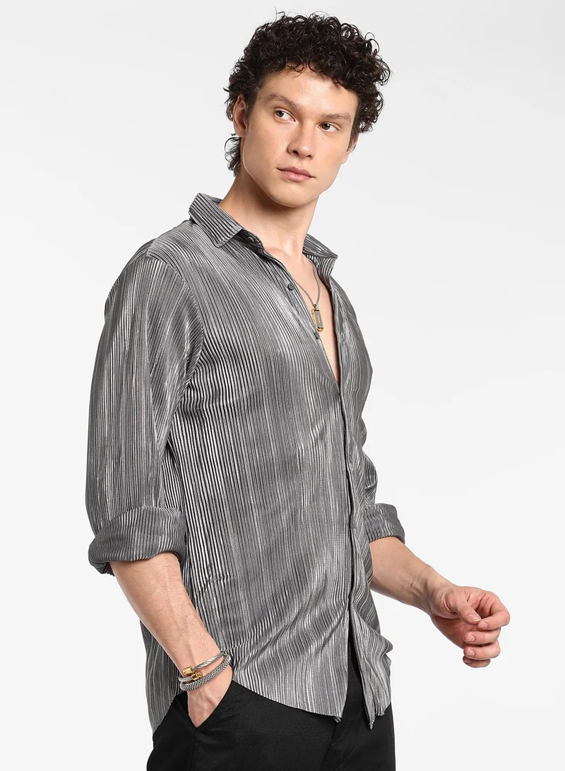 Campus Sutra Men's Icy Blue & Metallic Silver Pleat-Creased Shirt