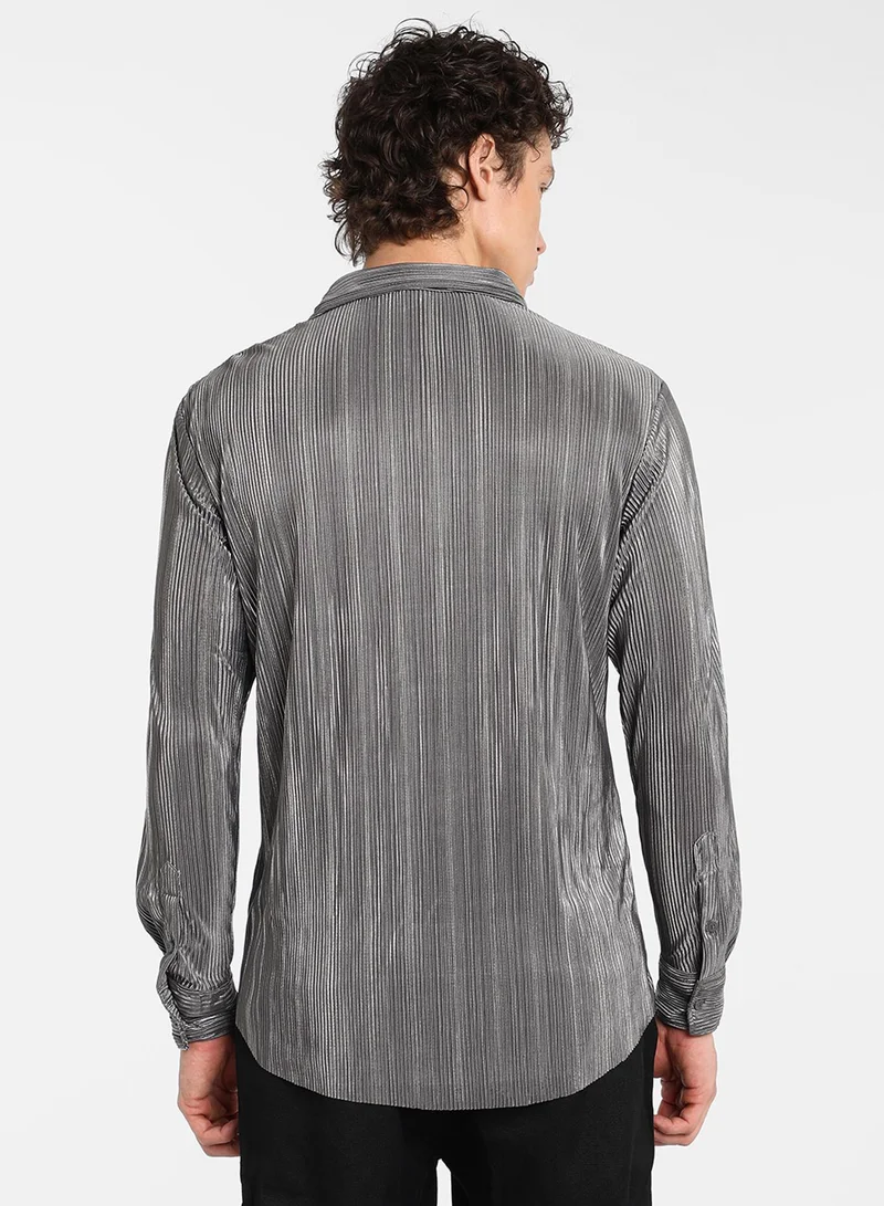 Campus Sutra Men's Icy Blue & Metallic Silver Pleat-Creased Shirt