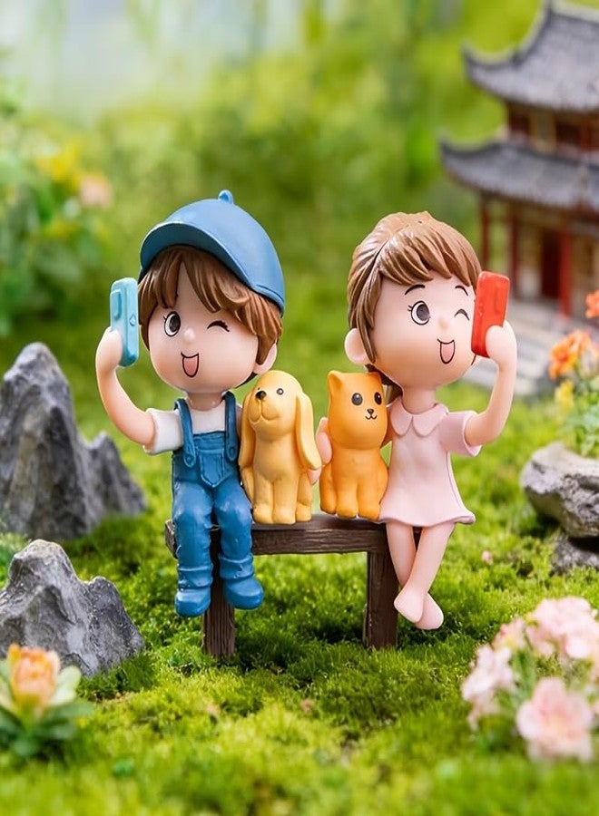 VAYINATO® Romantic Couple Miniature Figurine with Pets (Selfie Pair) Cute Bench Resin Statue for Home Decor, Car Dashboard Ornament, Mini Garden Landscape Decoration, Anniversary Wedding Birthday Gift - Image 1