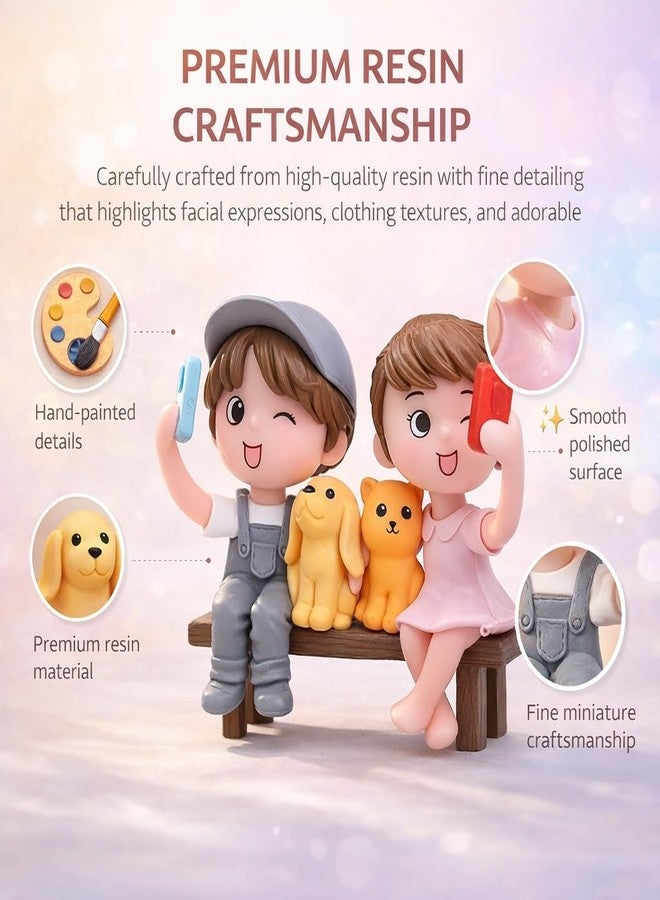 VAYINATO® Romantic Couple Miniature Figurine with Pets (Selfie Pair) Cute Bench Resin Statue for Home Decor, Car Dashboard Ornament, Mini Garden Landscape Decoration, Anniversary Wedding Birthday Gift - Image 3