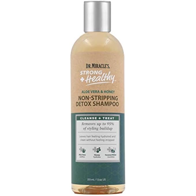 Dr. Miracle's Strong & Healthy Non Stripping Detox Shampoo. Contains Aloe Vera, Honey and Coconut Water to Combat Dryness, Shedding and Breakage to Support Healthy Hair and a Thriving Scalp. 12 oz.