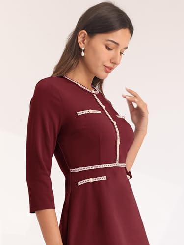 Hobemty Women's Church A-Line Work 3/4 Sleeve Tweed Midi Dresses Small Dark Red - Image 4