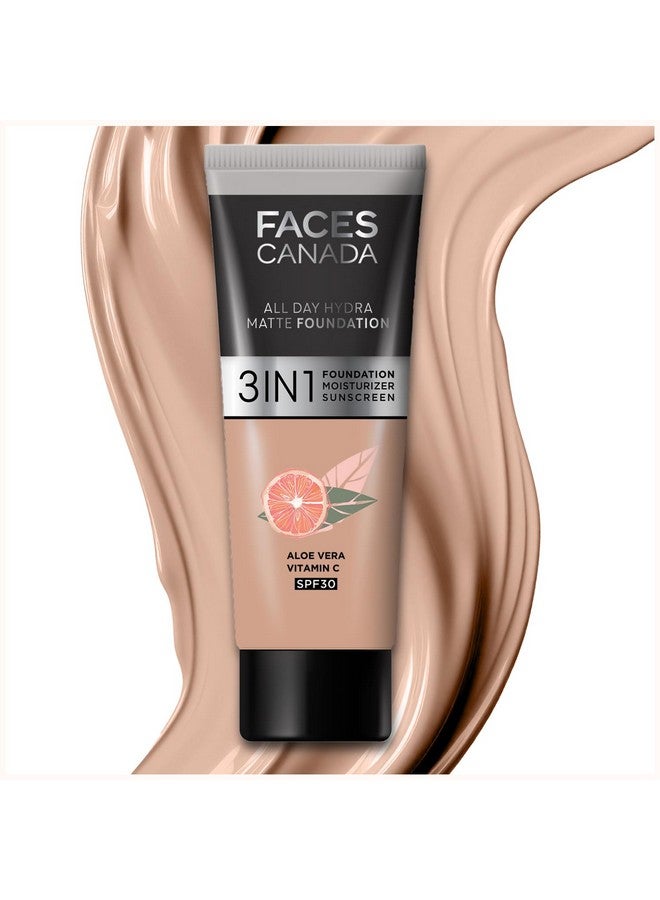 فاسيسكانادا FACES CANADA All Day Hydra Matte Foundation - Mini | كريم أساس 3 في 1 + مرطب + عامل حماية من الشمس 30 | ترطيب الصبار لمدة 24 ساعة وفيتامين سي | يدوم لمدة 10 ساعات | تغطية متوسطة إلى عالية قابلة للبناء | طبيعي دافئ، 15 مل - Image 1