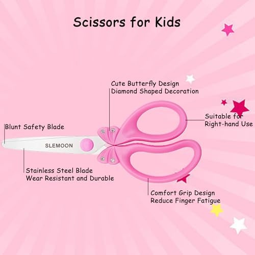 SLEMOON Scissors for Kids Ages 4-8 | Blunt Tip Safety Toddler Scissors, Stainless Steel Blades, ABS Plastic | School Craft Supplies, Art Projects, Pink (Princess Design with Rhinestones) - Image 4