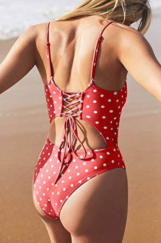 Meyeeka Womens Cutout Bodysuit Swimsuit Padded Strap One Piece Bathing Suit Polka Dot Monokini Red XL - Image 2