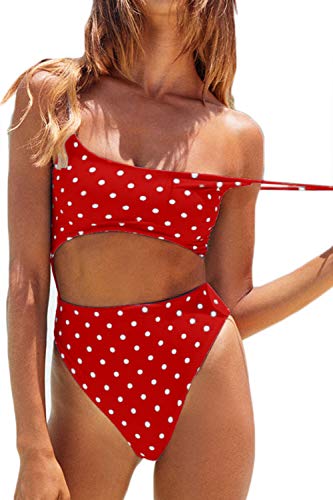 Meyeeka Womens Cutout Bodysuit Swimsuit Padded Strap One Piece Bathing Suit Polka Dot Monokini Red XL - Image 1