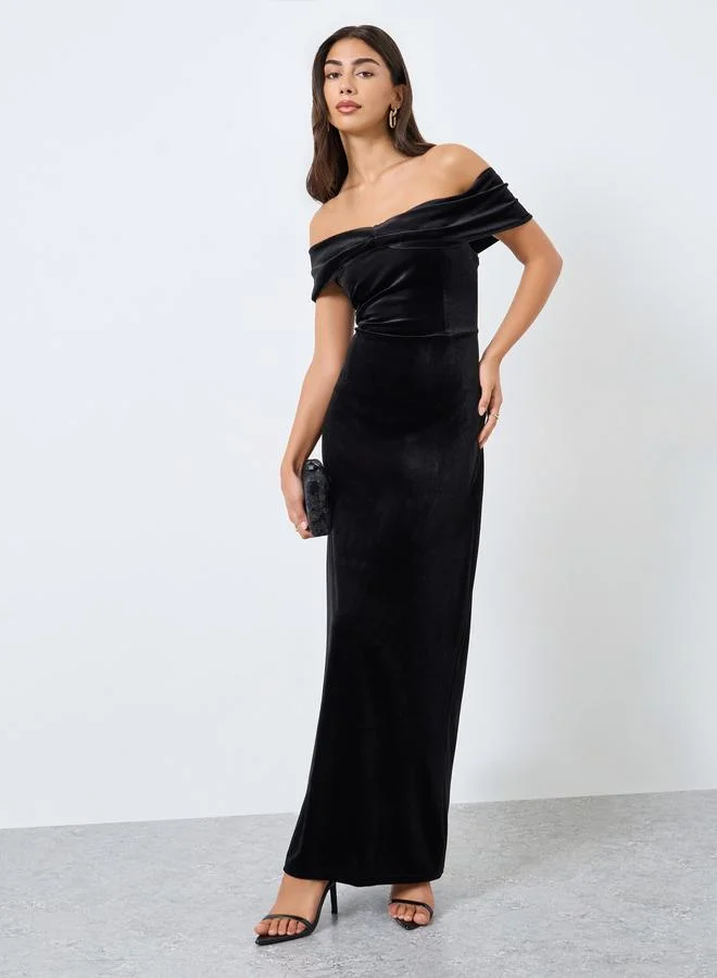 Black Velvet Off-Shoulder Maxi Evening Dress