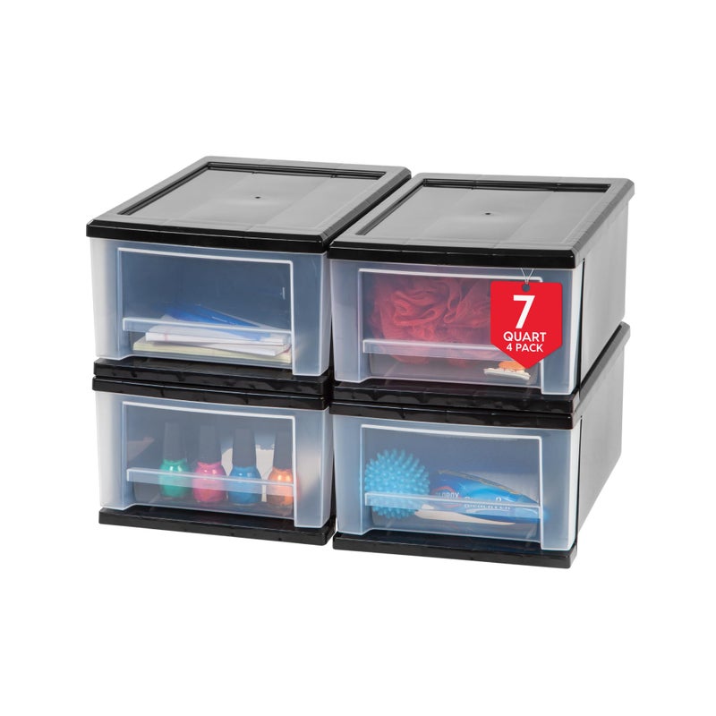 IRIS USA Plastic Stacking Storage Organizer Unit with Sliding Drawer for Clothes Bedroom Kitchen Under Sink Pantry Craft Room Bathroom Dorm Office 7 Qt  4 Pack Black