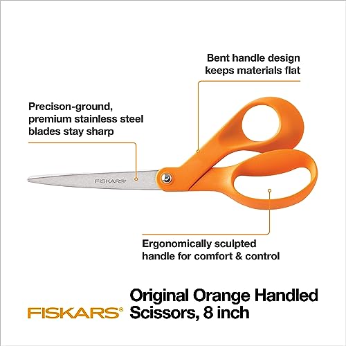 Fiskars 8" Original Orange-Handled Stainless Steel Scissors, Ergonomic and Keeps Material Flat, Sharp All-Purpose Paper and Fabric Scissors for Office, Arts, and Crafts - Image 3