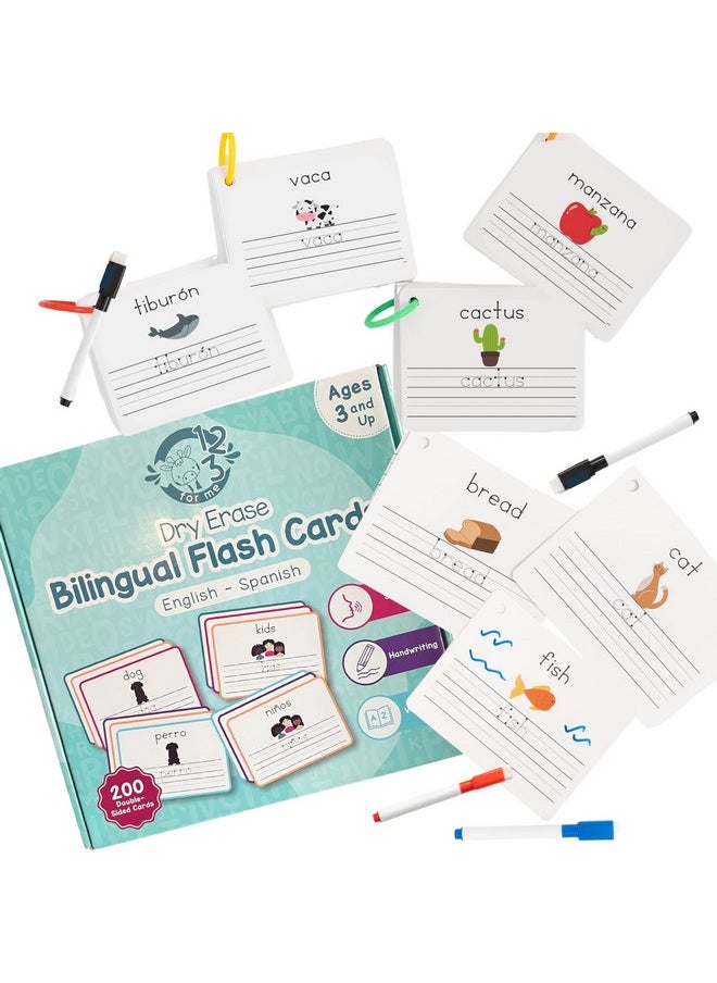 One - Dry Erase Spanish Flash Cards For Kids | English - Spanish Alphabet Flash Cards For Beginners - Set Of 200 Esl Teaching And Learning Bilingual Flash Cards For Writing And Reading Games. - Image 1