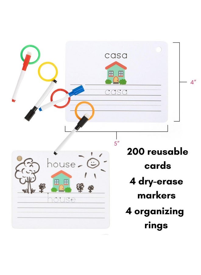 One - Dry Erase Spanish Flash Cards For Kids | English - Spanish Alphabet Flash Cards For Beginners - Set Of 200 Esl Teaching And Learning Bilingual Flash Cards For Writing And Reading Games. - Image 1