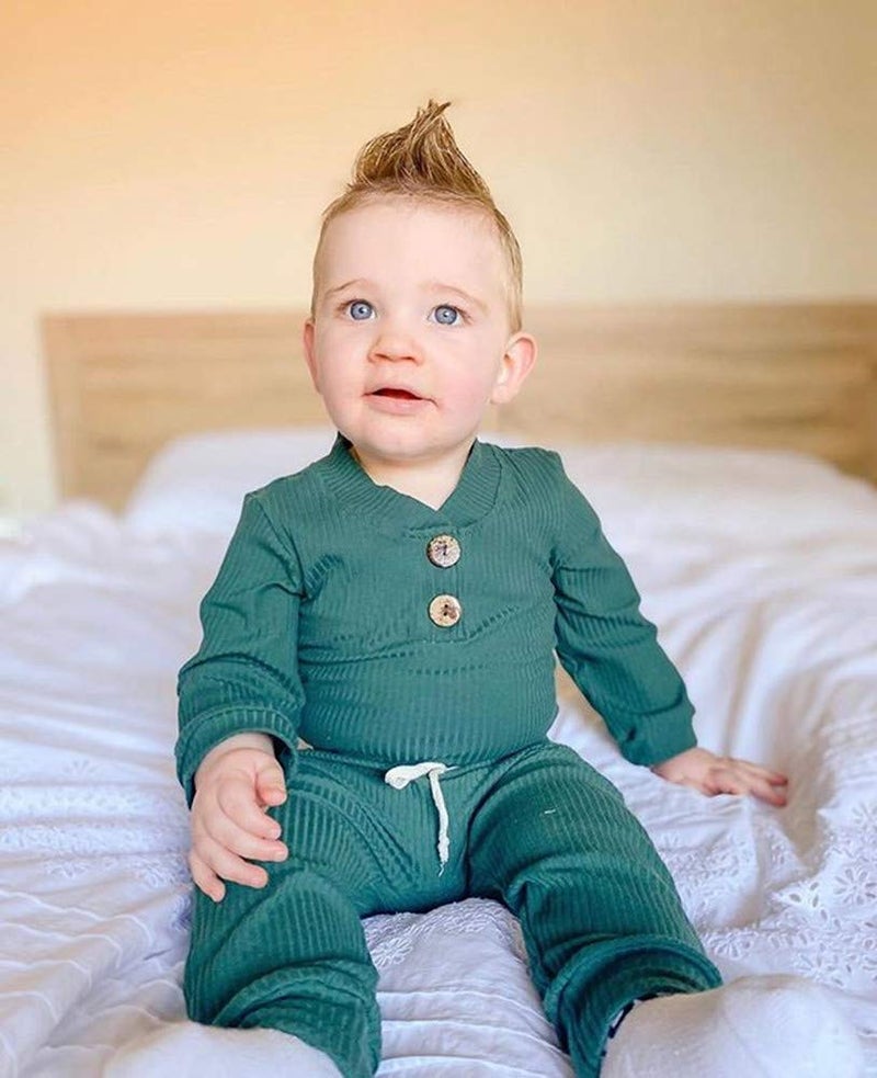 Bmnmsl, Newborn Baby Girl Boy Fall Clothes Outfits Long Sleeve Knitted Cotton Romper & Pants Infant Winter Sets, B-green, 6-12 Months - Image 2